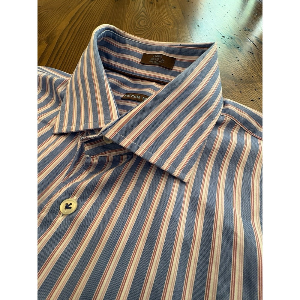 Peter Millar Mens Large  Button Up Blue /Pink Striped Cotton Dress Shirt